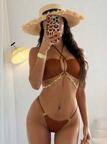 Elenzga Bikini de dos piezas para mujer con diseño nuevo y sexy, con escote halter, corte cruzado en frente y espalda, con lentejuelas doradas y plateadas, tirantes tipo espagueti, estilo brasileño - Marrón - Ver 3