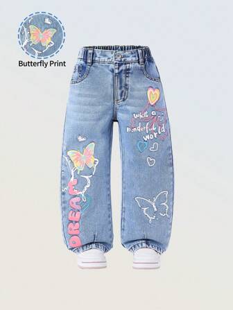 Jeans im leichten Denim-Waschgang für Kleine Mädchen im urbanen Lässig-Stil mit Schmetterling- und Herz-Grafik, Buchstaben-Muster, elastischem Bund, Knopfverschluss