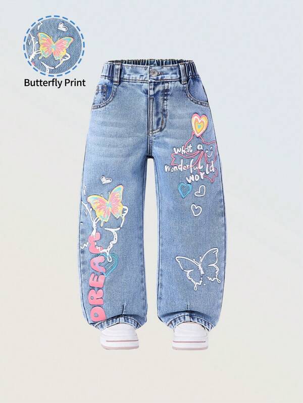 Denimly Young Girls Casual Urban Light Wash Jeans With Butterfly & Heart Graphic, Letter Print, Elasticated Waist, Button Fly