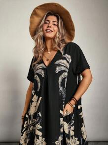 Freevana Váy đi nghỉ thường ngày in hoa cỡ lớn cho nữ có túi, tay ngắn - màu đen - Xem 3