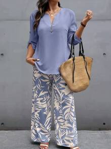 EMERY ROSE Plus Size Women 2pcs/Set Solid V-Neck Cuffed Sleeve Shirt & Tropical Plant Print Pants, Leisure Outfit For Autumn Blouse And Pants Casualpair Pants And Blouseblouse And Pants Setpants And Blouse Setblouse And Pants - Multicolor - View 5