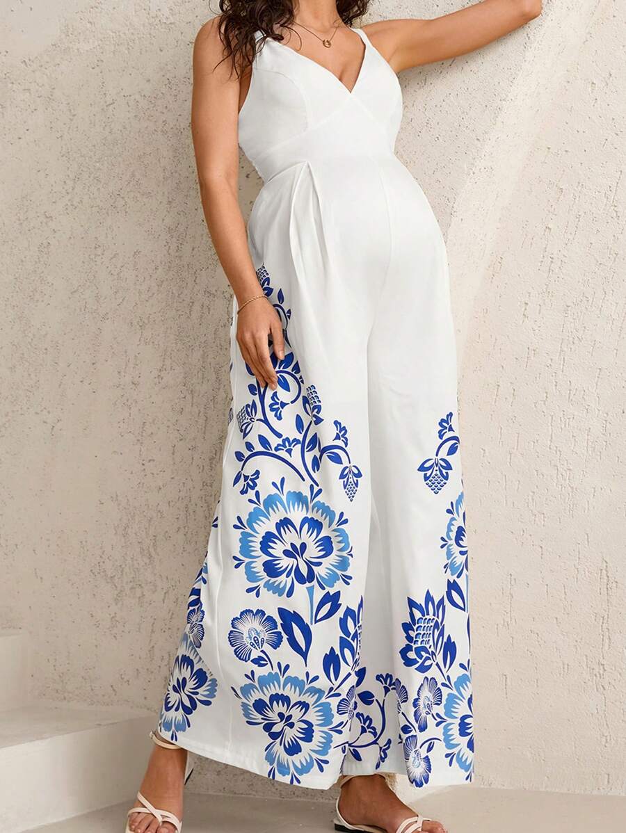 SHEIN Bộ đồ liền thân in họa tiết công sở/văn phòng - Xanh và trắng - Xem 1