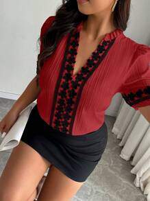 Calvaya Plus Size Contrast Color Ruffle Keyhole Neck Puff Sleeve Blouse - Burgundy - View 4