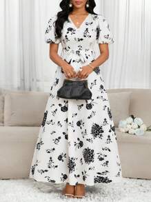 SHEIN Lady Wiosenne i letnie eleganckie sukienki dla kobiet Letnia sukienka Suknia dla gości weselnych Kobiety Wakacyjne ślubne letnie sukienki dla kobiet Sukienki urodzinowe dla kobiet Białe sukienki dla kobiet Letnie stroje dla kobiet Wakacyjne stroje Kobieta Czarno-biały kwiatowy wzór Bufiaste rękawy Koronkowe wzory Sukienki - Czarne i Białe - Zobacz 3