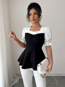 Elenzga 夏季优雅双色泡泡袖收腰衬衫