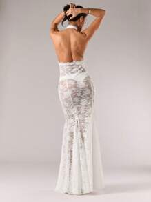 SHEIN BAE 女士性感透视蕾丝露背吊带鱼尾连衣裙 - 白色 - 查看 2