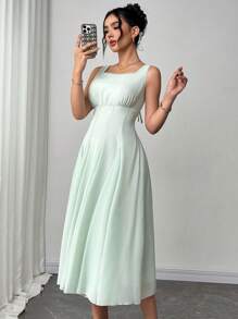 Rafferiza Vestido elegante de mujer con cintura ceñida, corte evasé, cuello de U y sin mangas, diseño de alta gama francés