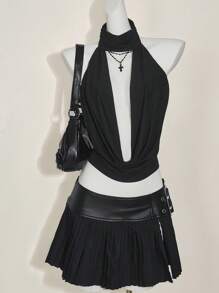 SHEIN ICON 2pcs/Set Neckline Open Back Tank Top & Low Waist Mini Skirt Set - Black - View 6