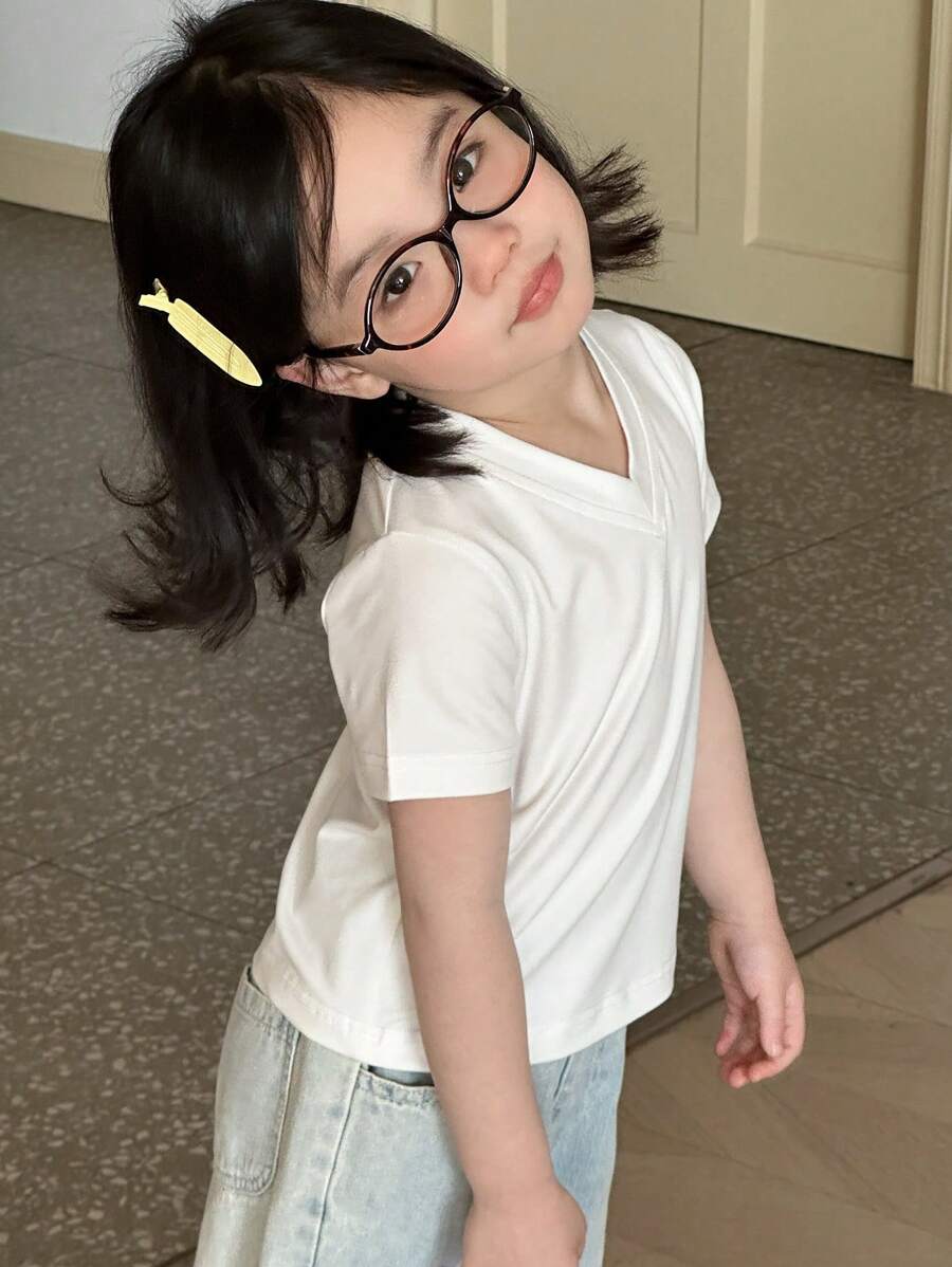 Dazy Kids 女童 V 领针织短袖 T 恤，夏季 - 白色 - 查看 1