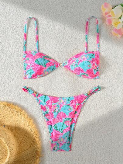 2pcs/Set Summer Holiday Colored Shell Random Print Gold Accessory Spaghetti Strap Tankini And Bikini Sexy Ladies Swimsuit Set