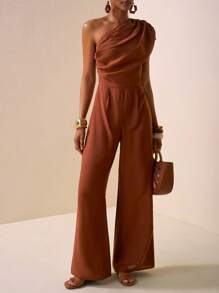 Zivah 2025 Spring/Summer New Arrival Music Festival, Easter, St. Patrick's Day, Western, Nomadic, Birthday Party, Graduation Season, Campus Style, Student Wear, Daily Casual, Vacation, Cruise Travel, Beach, Sun-Bathing, Viral Hit, Street Fashion, Asymmetric Design Textured Linen Feeling Brown Sleeveless Jumpsuit - Brown - View 3