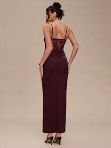 SHEIN BAE Summer Women's Clothing Suspenders Sexy See-Through Lace Stitching Long Dress/Summer Dresses For Women/Graduation Dress/Prom Dress/Wedding Guest Dress Women - Burgundy - View 3