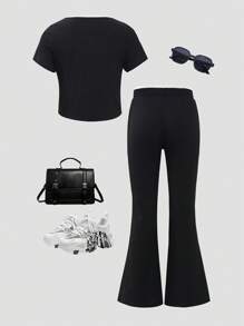 Bộ 2 món/Bộ trang phục áo crop top tay ngắn cổ vuông đính nơ màu tương phản cho bé gái tuổi teen và quần ống loe màu đen có cạp chun màu tương phản - màu đen - Xem 2