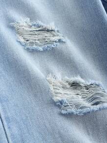 SHEIN Girls Blue Denim Wide Leg Distressed Straight Pants, Young Girl - Light Wash - View 4