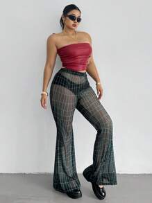 POPSWAY 大码女式休闲性感透明亮光格子喇叭裤 - 黑色 - 查看 6