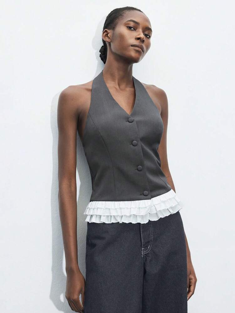 SHEIN Maija 2025 Summer New Arrival Gray System Contrast Hem White Patchwork Layered Frill Halter Neck Design, Modern Elegant Urban Casual Commute Office Music Festival Beach Vacation Everyday Casual Romantic Urban Resort, Suitable For Outing, Party, Wedding Guest, Old Money Style, Graduation, Women Tank Top