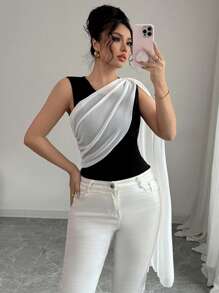 Chiquease 女士黑白撞色浪漫优雅婚礼宾客毕业演唱会外出上衣，商务休闲性感约会派对晚会无袖衬衫 - 黑與白 - 查看 5