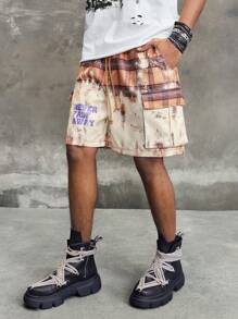 ROMWE MEN Street Life Pantalones cortos con bolsillos cargo y estampado a cuadros con cordón en la cintura para hombre