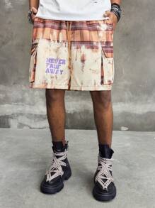 ROMWE MEN Street Life Pantalones cortos con bolsillos cargo y estampado a cuadros con cordón en la cintura para hombre