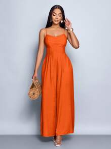 SOLERSUN Women's Draped Front Draped Collar Lace Up Backless Wide Leg Cami Jumpsuit, For Everyday Wear & Vacation - Orange - View 6