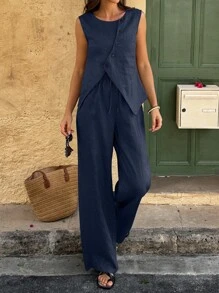 Selianne 2pcs/Set Women Linen Vacation Style Asymmetrical Button Decor Round Neck Sleeveless Top And Drawstring Elastic Waist Loose Pants - Navy Blue - View 4
