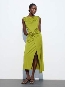 Maija 秋冬新款时尚音乐节海滩派对度假优雅无袖中长针织腰连衣裙，鼠尾草绿色，适合日常休闲、派对、婚礼、毕业典礼、浪漫都市度假