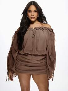 MISSGUIDED PLUS Plus Size Off Shoulder Ruffle Mini Dress Blouson Sleeve Party Evening Special Occasion Chiffon Ruched Bodycon Dress With Gathered Sleeves - Mocha Brown - View 3