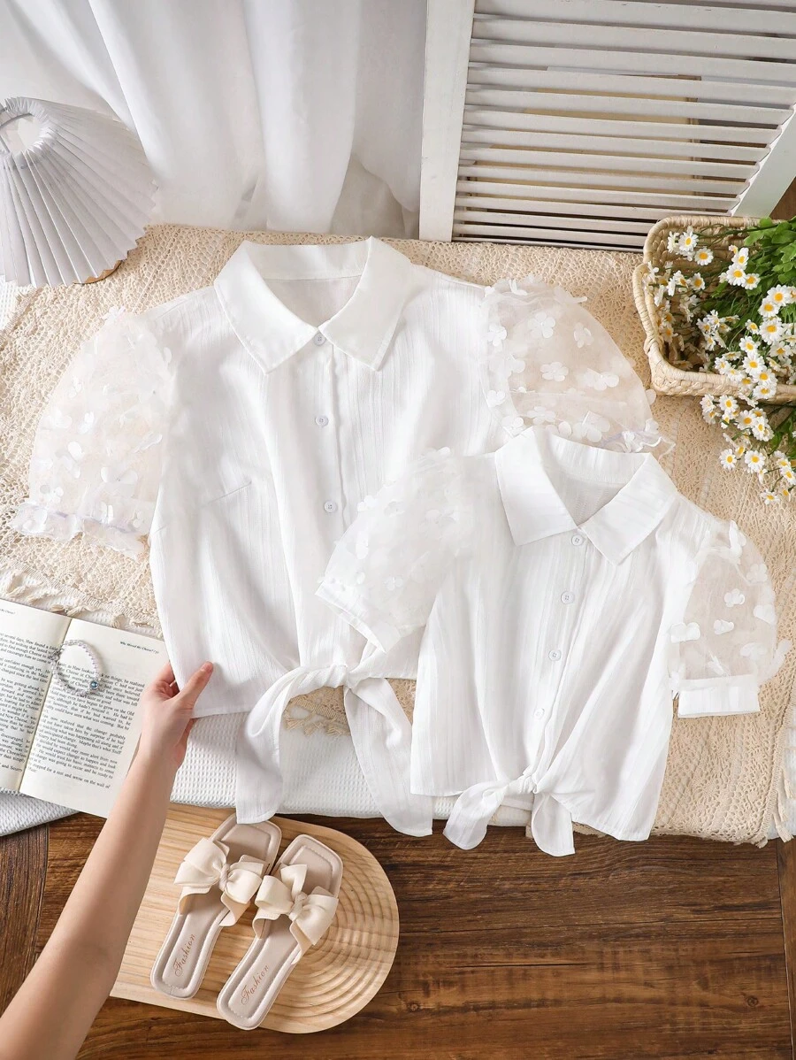 Girls' White Blouse With Ruffle Sleeves, Featuring Textured Fabric That Adds Unique Tactile Quality And Depth To The Design. This Versatile Shirt Can Be Worn To School, Casual Outings, Or More Formal Occasions, Paired With Skirts Or Pants To Showcase A Youthful And Energetic Look - White - View 1