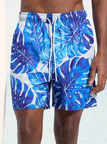 Surfspeed Men's Tropical Plant Print Drawstring Waist Beach Shorts - Blue - View 4