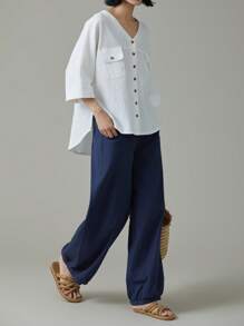 EMERY ROSE 2 Stücke Frauen Einfarbig V-ausschnitt 3/4 Ärmel Einreiher Hemd Und Hose Set 100 Baumwolle Sets Für Frauen Sommer Passenden Sets Frauen