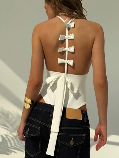 Aloruh 优雅紧身衣，蝴蝶结装饰，露背紧身款式，舒适的白色紧身衣