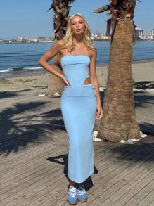 SHEIN EZwear Women's Summer Clothing Vacation Casual Beach Waist-Baring Gathered 2 In 1 Blue Slim-Fitting Sexy Dress With Side Cutouts And Ruching - Blue - View 8