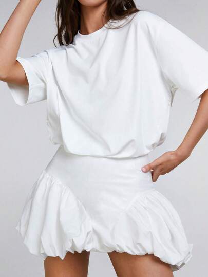 Athîral Women Solid Color Crew Neck Short Sleeve Bubble Hem Casual Sporty Mini Dress,Summer Dresses For Women,White Dresses For Women