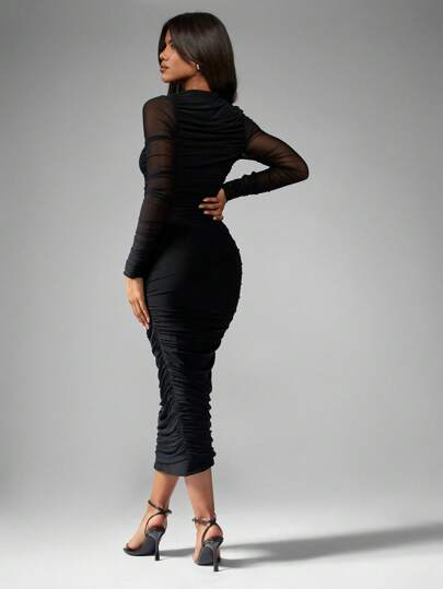 MISSGUIDED Elegant Mesh Long Sleeve Ruched Bodycon Midi Dress Party Evening Special Occasion Form-Fitting Fall Winter Dress,S