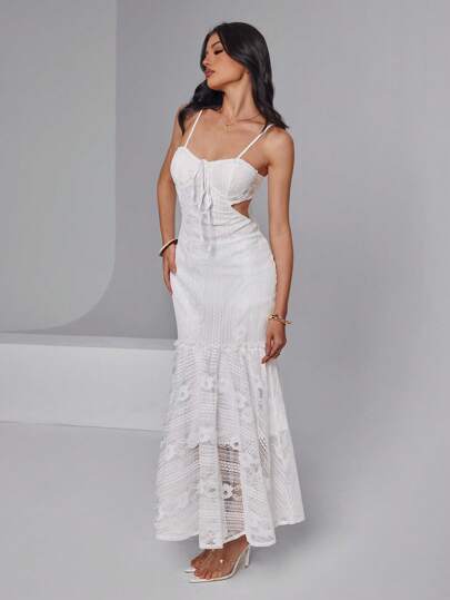 Roylia Vestido ajustado de un solo color con tirantes de espagueti, espalda descubierta, recorte en la cintura y lazo, elegante y sexy vestido bohemio para boda en la playa, fiesta, vacaciones y noche, para mujer primavera verano