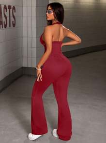 SHEIN ICON Mono para mujer con tirantes finos y ojales laterales, diseño calado - Burdeos - Ver 2