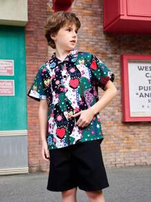 Tween Boys Casual Street Graphic Print Short Sleeve Polo Shirt And Shorts Set, Asymmetrical Heart And Flower Pattern Design, Fashion Vintage Style, Suitable For Family Gathering, Outings And Leisure, Spring/Summer, Matching Parent-Child Sets - Multicolor - View 1