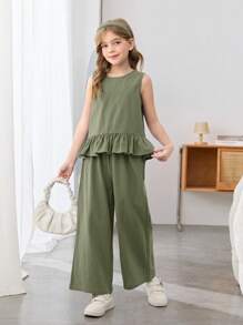 SHEIN Nova Glow Tween 女童两件套梭织纹理圆领无袖纽扣装饰拼接荷叶边修身衬衫和宽松阔腿舒适休闲裤，适合春季出游、田园风和休闲出游 - 軍綠色 - 查看 2