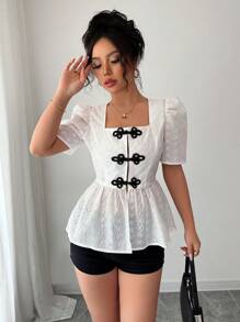 Elenzga Blusa de verano con mangas cortas, cuello en V, textura semitransparente, estilo abotonado en la cintura y silueta en línea "A", elegante y delicada, de algodón