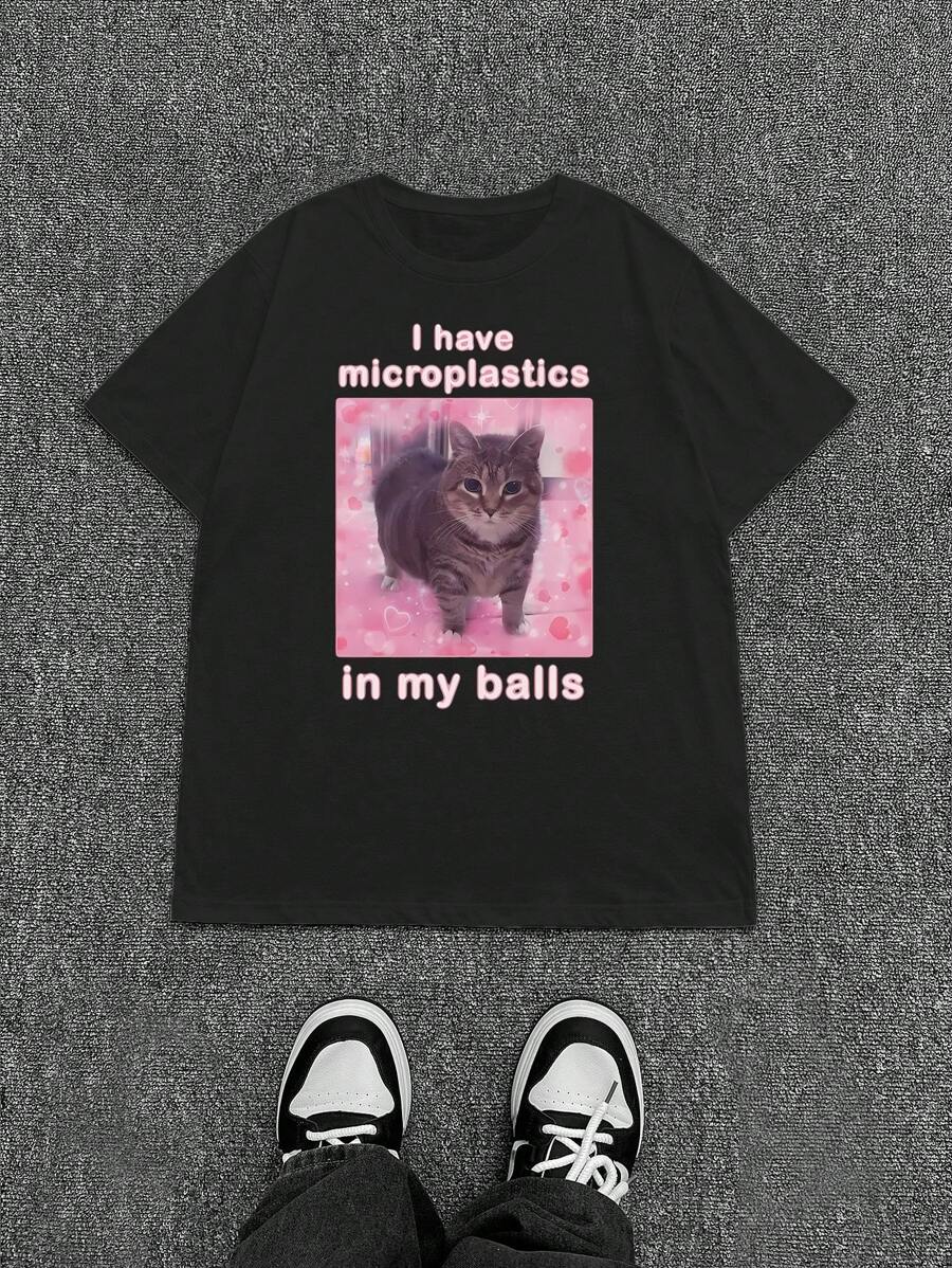 INAWLY Women's Loose Casual Short Sleeve T-Shirt With Funny Cat & Letter Print - Black - View 1