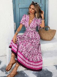 EMERY ROSE Women's French Style Commute Casual Vacation Blue & White Floral Patterned V-Neck Cinched Waist Flare A-Line Flounced Short Sleeve Dress, Spring/Summer - Hot Pink - View 7