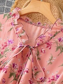 SHEIN Clasi Elegant Floral Print Long Sleeve Dress With Knot Detail Collar For Spring And Summer Maxi Women Outfit - Pink - View 3