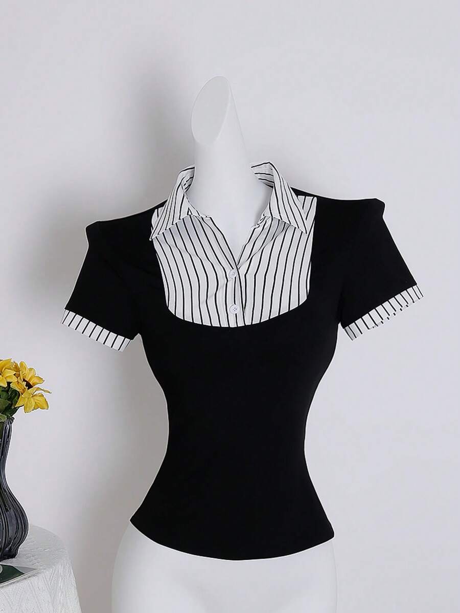 SHEIN Unity Women's Spring And Summer 2 In 1 Short Sleeve Spliced Shirt Design Black Top - Black - View 1