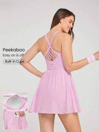 GLOWMODE Vestido mini cruzado con pantalones cortos incorporados, bolsillos laterales, agarre antideslizante, diseñado para tenis, golf, gimnasio y uso diario casual, con tela transpirable y de secado rápido que incorpora copas ocultas