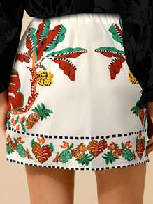 CAJUNI Damen tropischer Boho Kokosbaum, Ananas, Azalee Muster, Wickel Schnürrock, Urlaub Lässig Strand Sommer Mini Rock