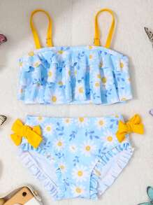 Adorable Girls' Two-Piece Bikini Set With Daisy Print And Ruffle Detailing Perfect For Summer Beach Fun - Multicolor - View 2