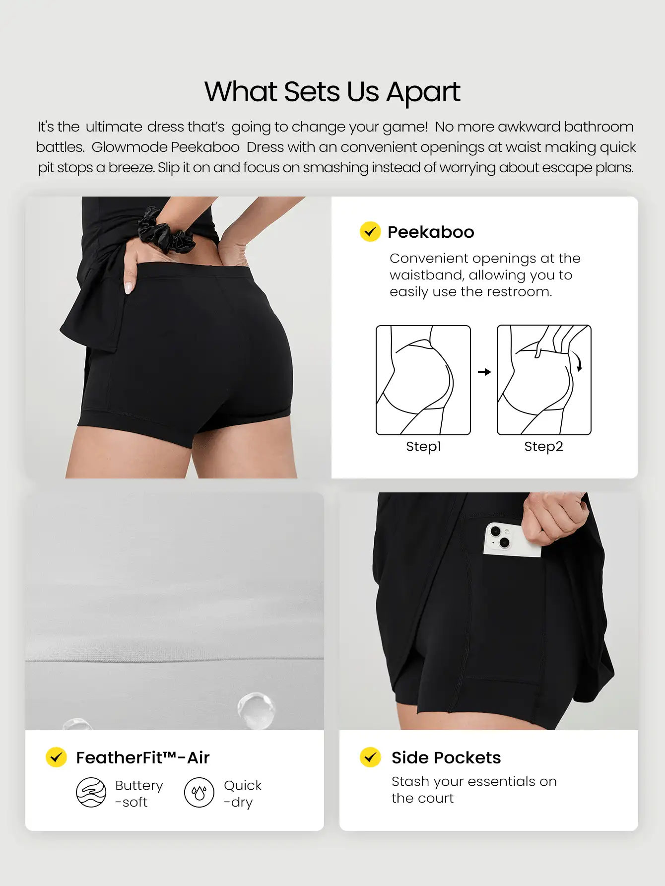 GLOWMODE FeatherFit™-Air Ir à Distância Vestido Ativo com Mangas Curtas, Absorvente de Suor, Secagem Rápida, Copas Embutidas, Alças Cruzadas, Decote Redondo, Shorts Embutidos, Bolsos Laterais, Agarre Anti-Deslizante, Uso Diário, Tênis, Golfe, Pickleball, Baixo Impacto - Preto - Visão 2