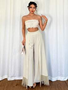 Chiquease Women's Elegant Flowy Fringe Decor Pants - Apricot - View 6