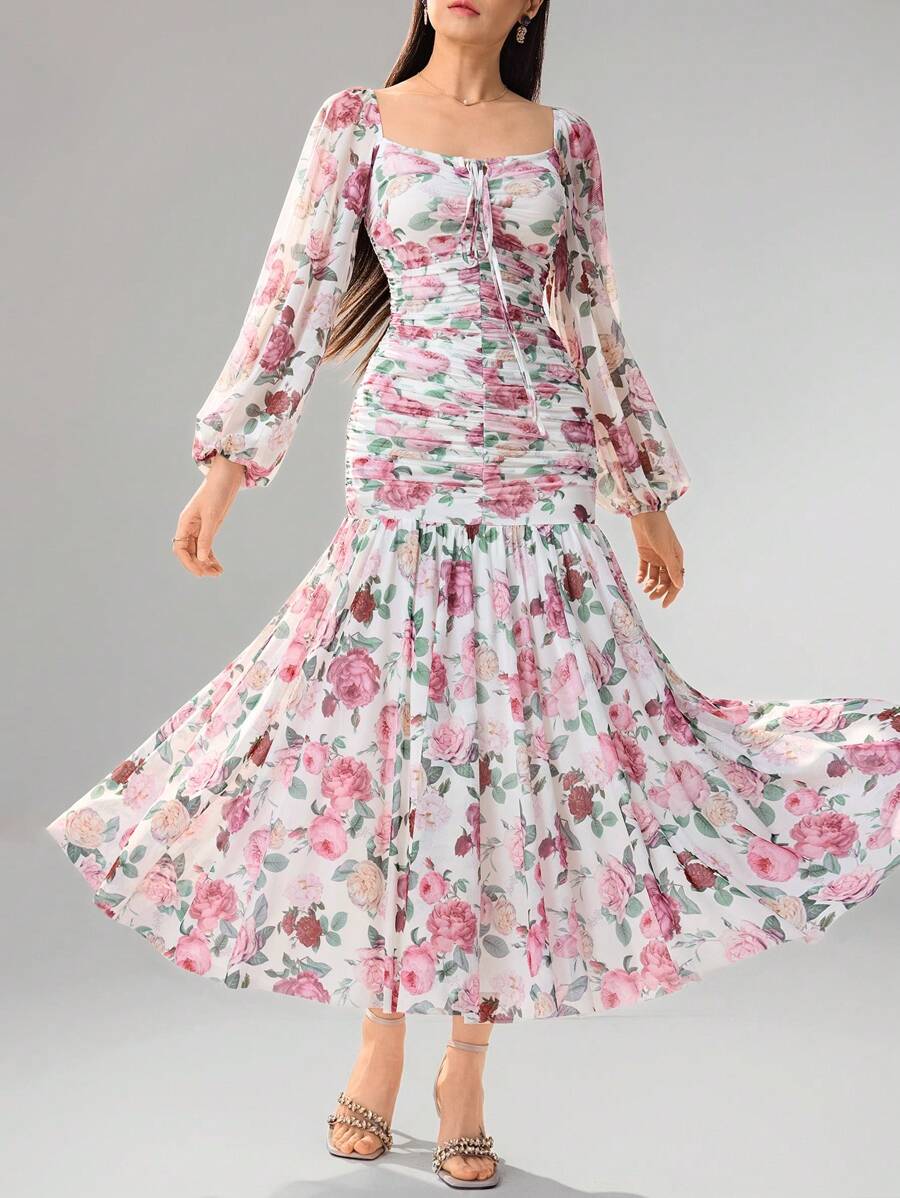 Modelyn Women's Elegant Floral Print Lantern Sleeve Long Dress | SHEIN USA