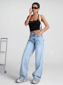 EURMUSE 低腰雪花洗宽松直筒牛仔裤 - 中等水洗藍 - 查看 3